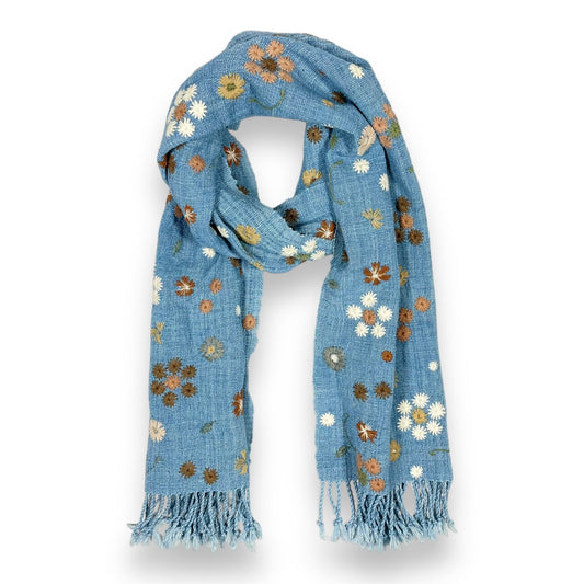 Embroidered Scarf - Floral Blue